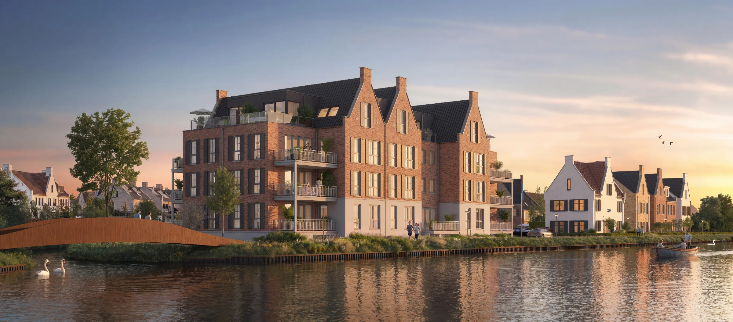 Artist impression exterieur twee-onder-een-kap aan het water, Rustig Water Fase 2 in Rijnsburg.