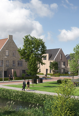 Groene woonstraat met een grindpad