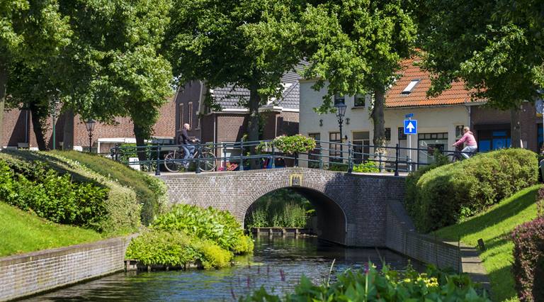 Woonstraat met baksteenwoningen en voortuinen