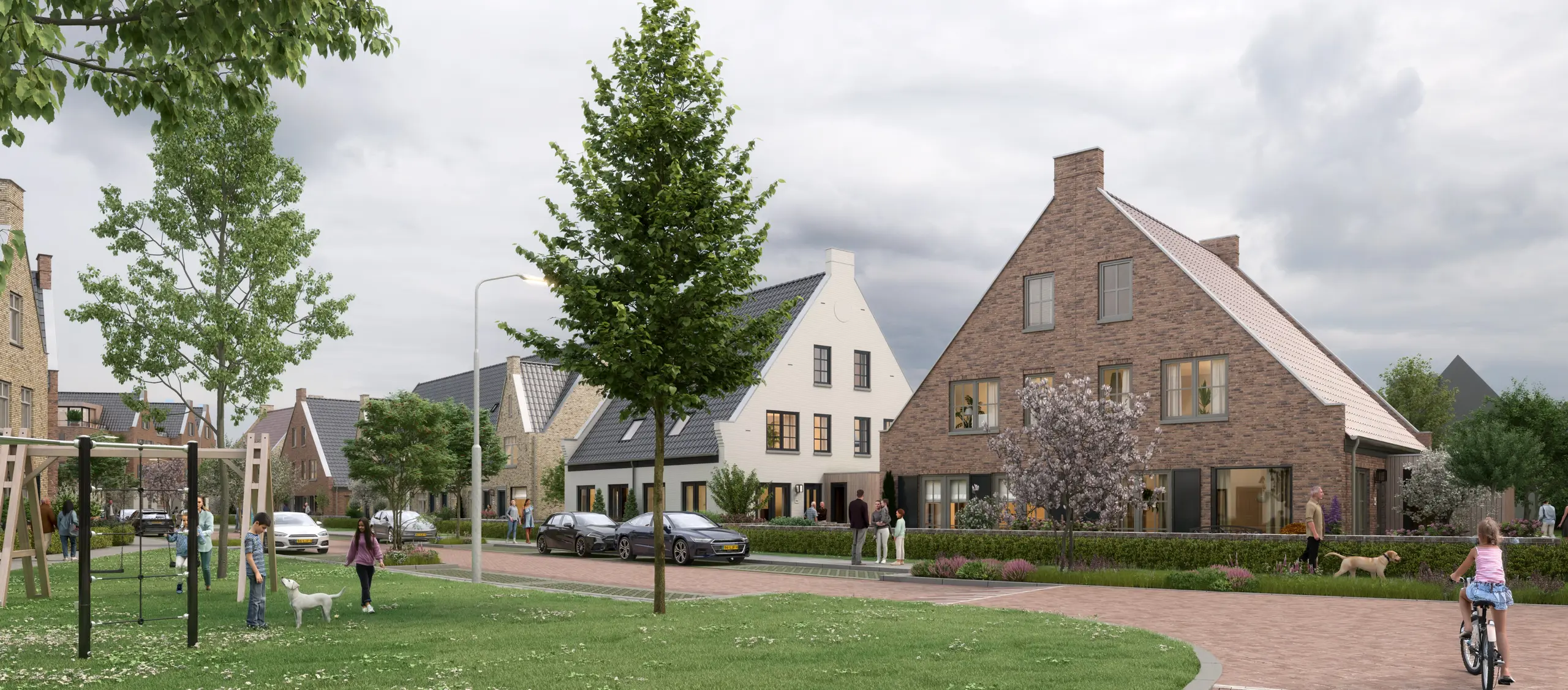 Woningen aan het water met een treurwilg