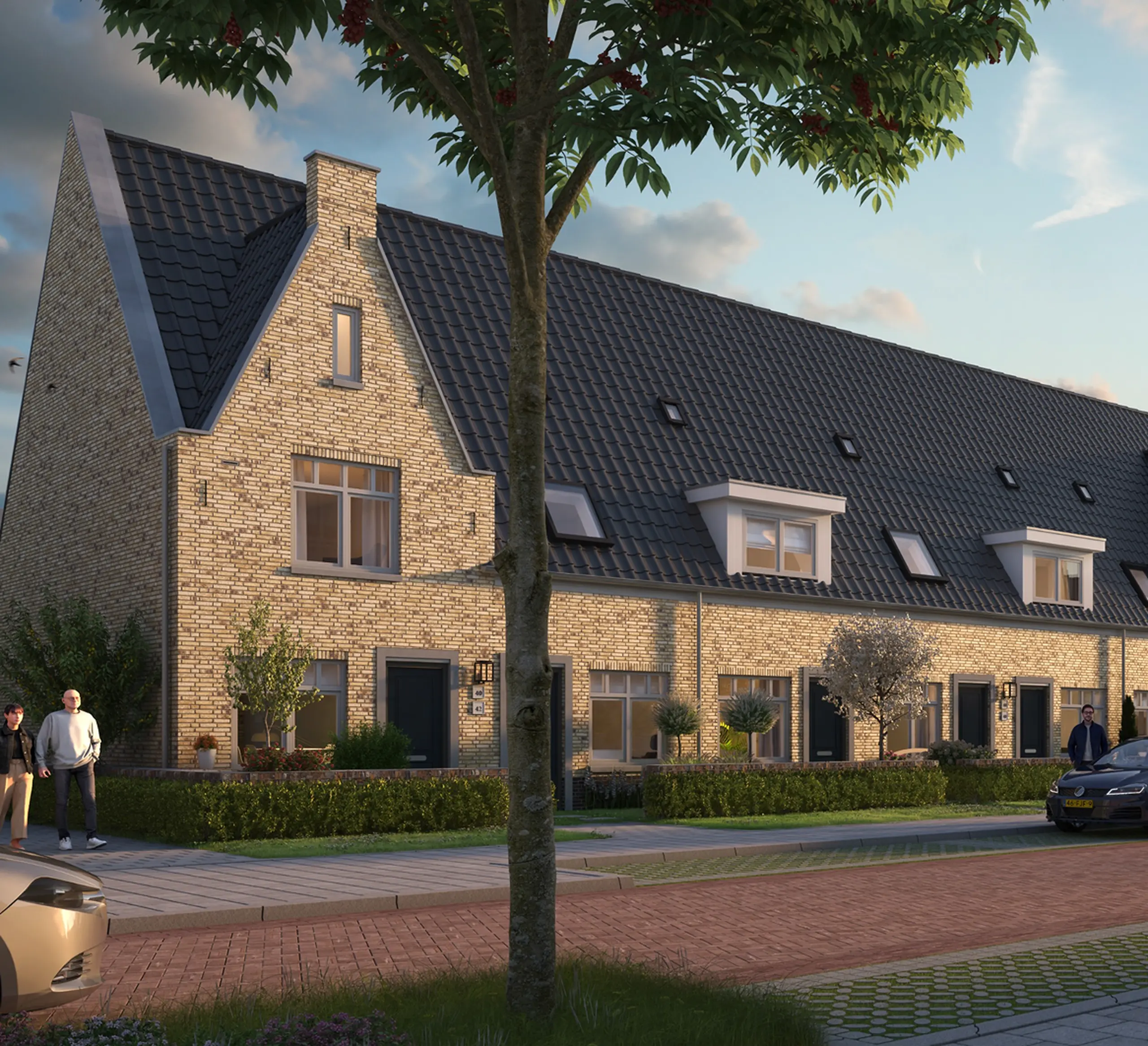 Groene woonstraat met baksteenwoningen en witte hortensia's