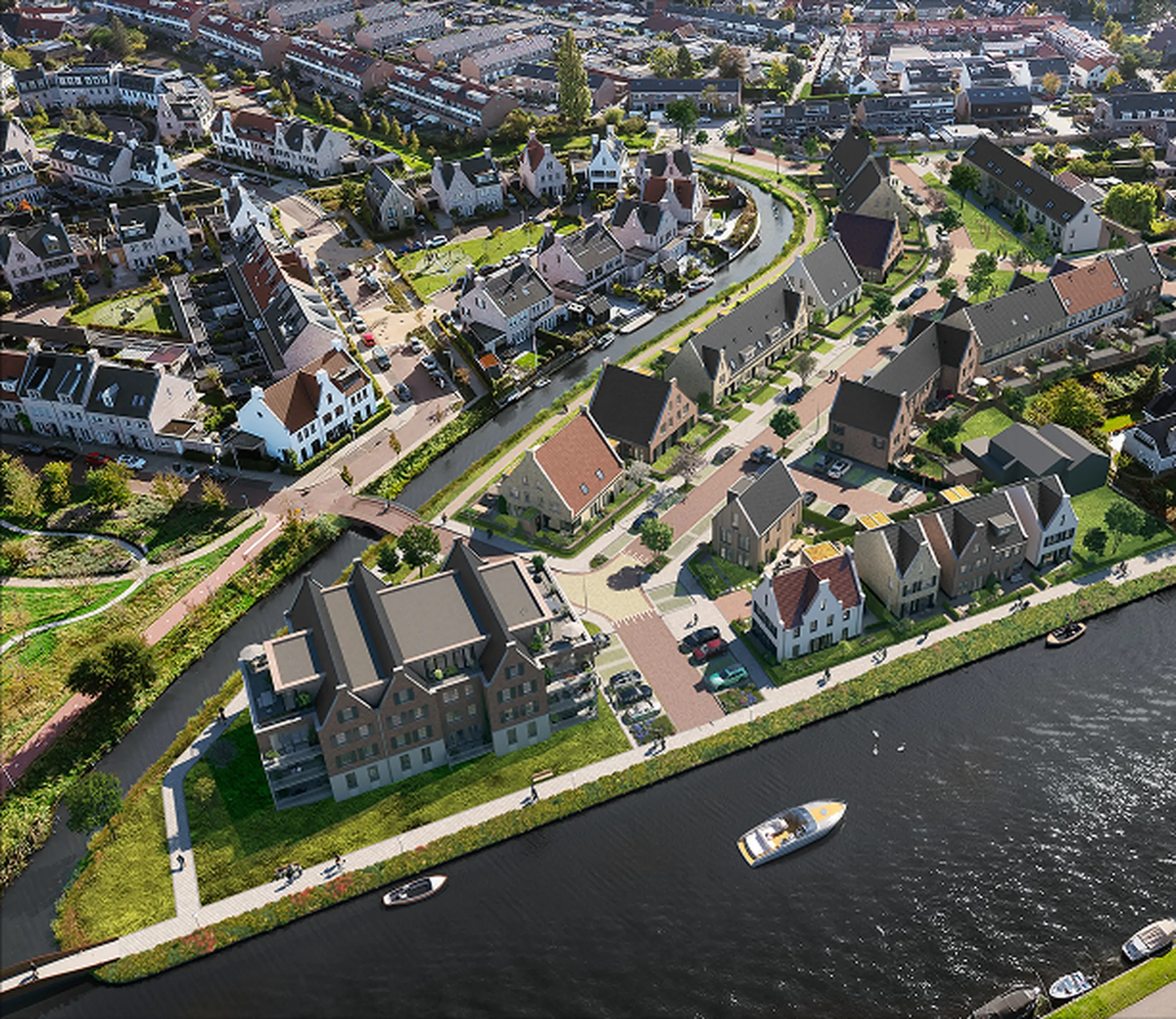 Baksteenwoningen aan het water met een treurwilg